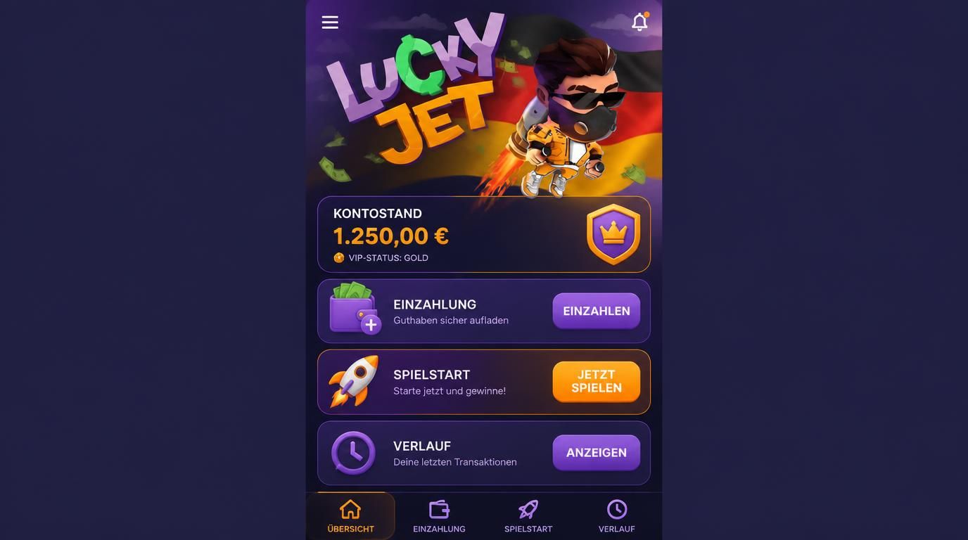 Ein Dashboard im mobilen Casino mit Konto, Einzahlung und Spielverlauf in deutscher Sprache
