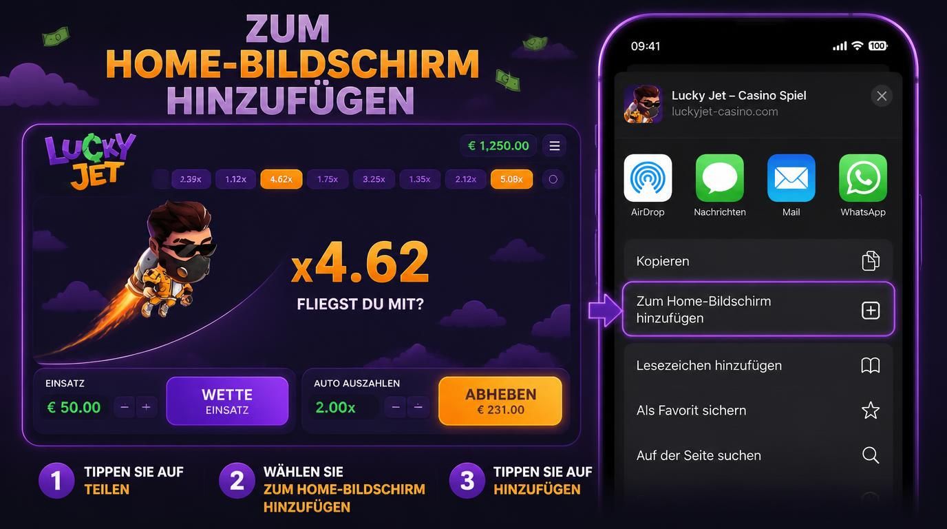 iPhone-Home-Bildschirm mit Lucky Jet Icon und „Zum Home-Bildschirm“ Aktion