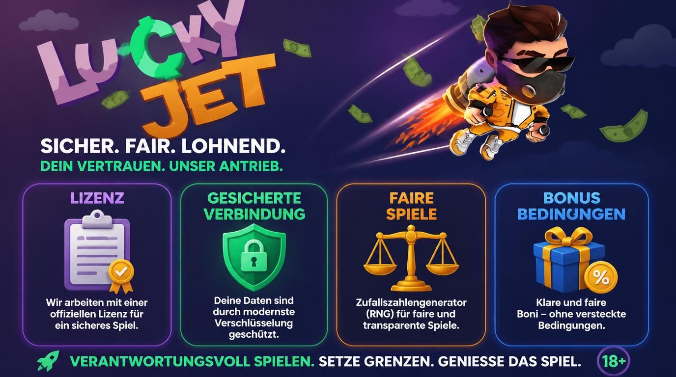 Vier Symbole – Lizenz, gesicherte Verbindung, faire Spiele, Bonusbedingungen – plus deutschen Text, Icons und klare Darstellung