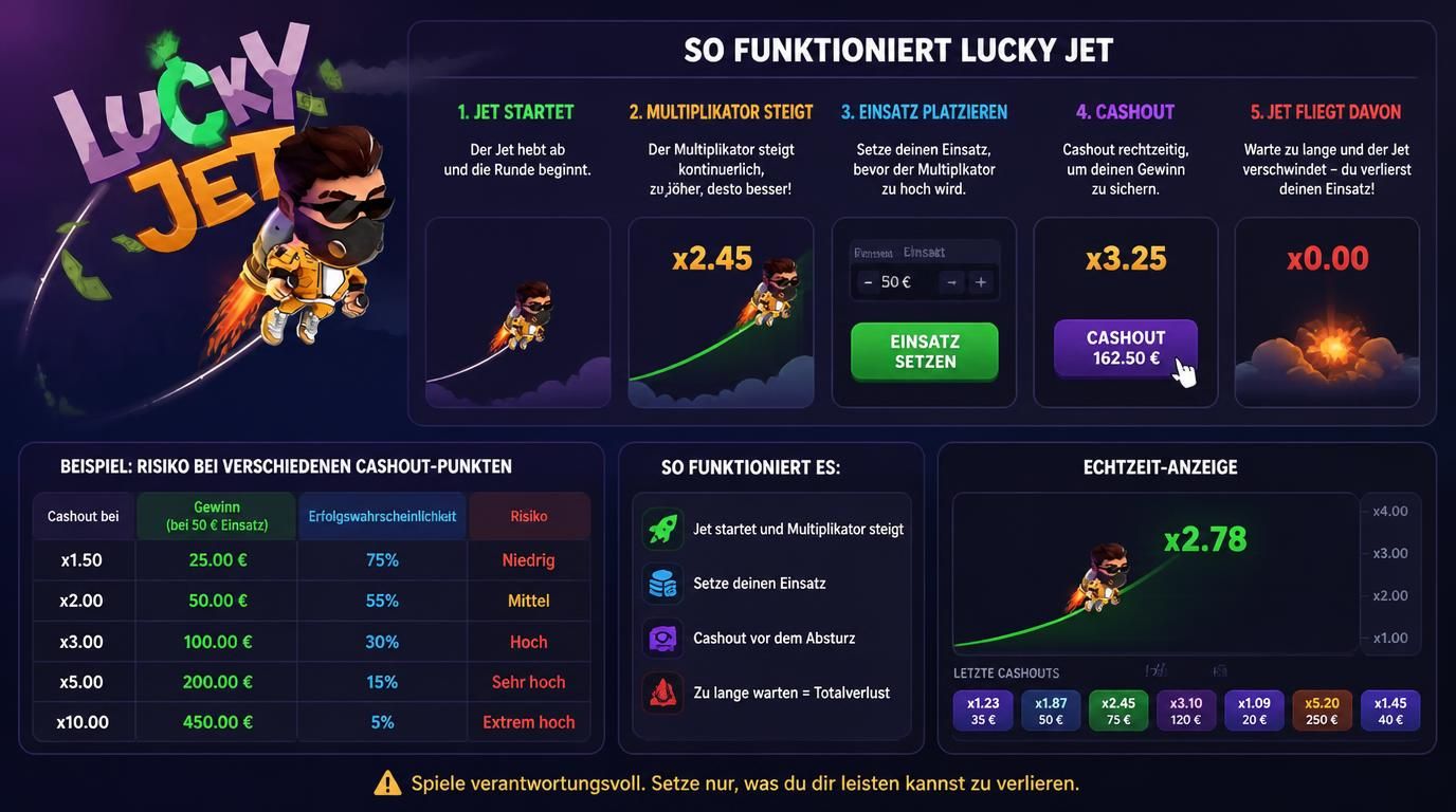 Spielablauf gezeigt – Jet startet, Multiplikator steigt, Einsatz &amp, Cashout, Beispielgrafiken für Risiko bei verschiedenen Cashout Pkt., Echtzeitanzeige