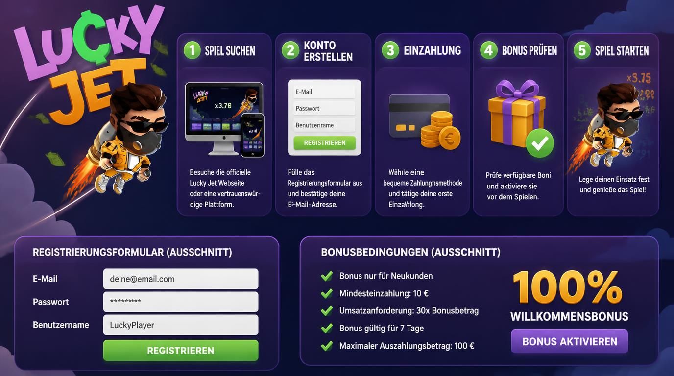 Schritte: Spiel suchen, Konto erstellen, Einzahlung, Bonus prüfen, Ausschnitt von Registrierungsformular und Bonusbedingungen