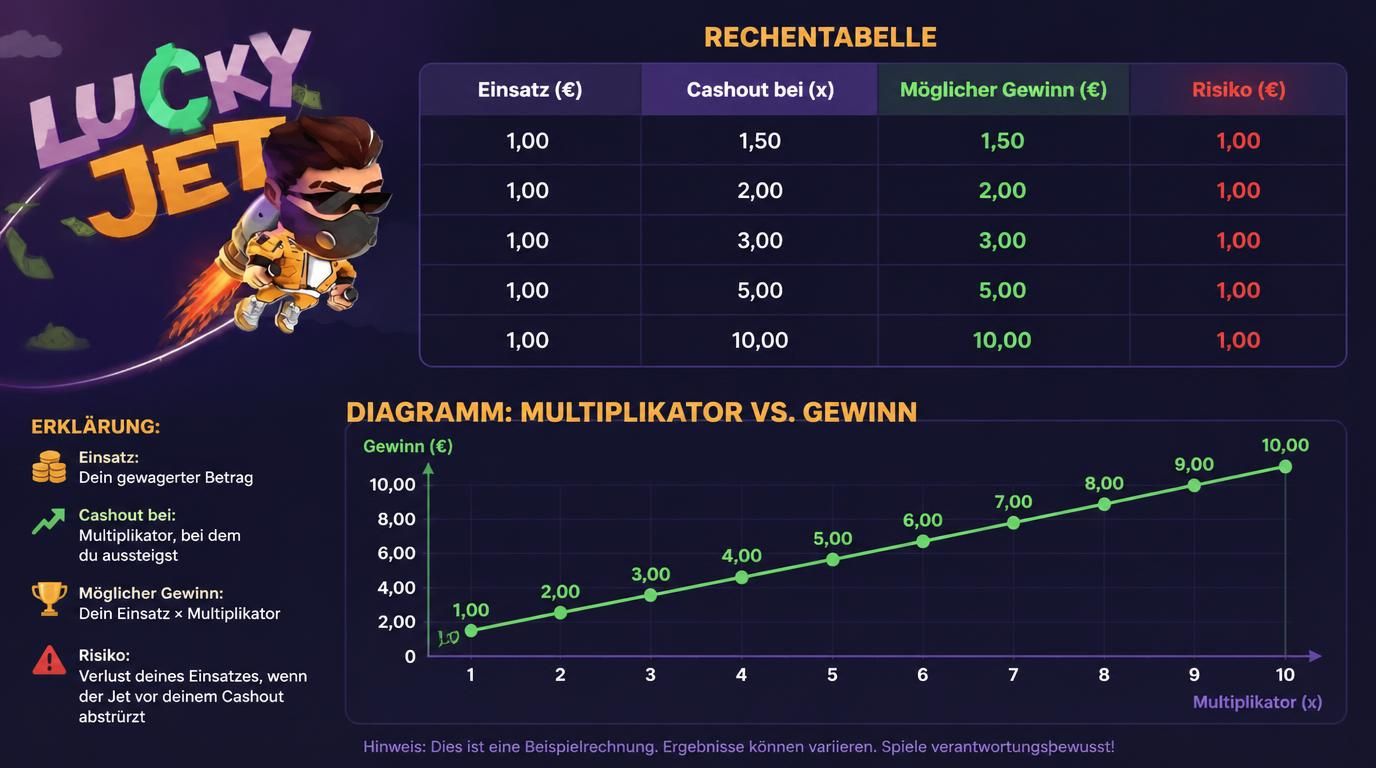 Rechentabelle mit Einsatz, Cashout bei, möglicher Gewinn, Risiko, Diagramm Multiplikator vs Gewinn, deutsche Beschriftung